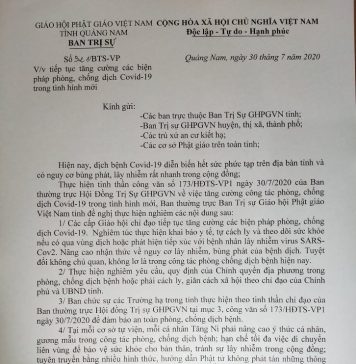 Thường trực Ban Trị Sự PG tỉnh Quảng Nam ban hành Công văn tiếp tục tăng cường các biện pháp phòng, chống dịch Covid-19 trong tình hình mới